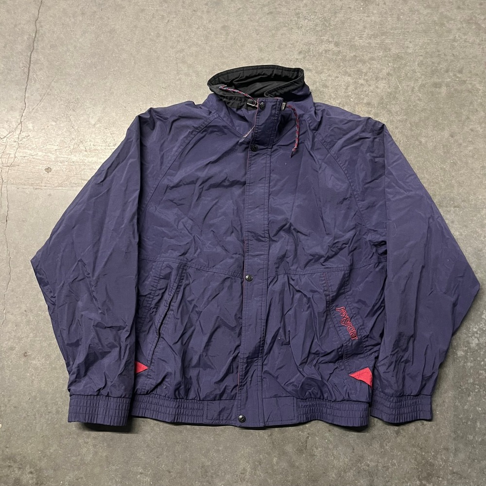 Vintage JanSport Navy Blue Windbreaker Jacket Mens Medium Full Zip 90s Nylon